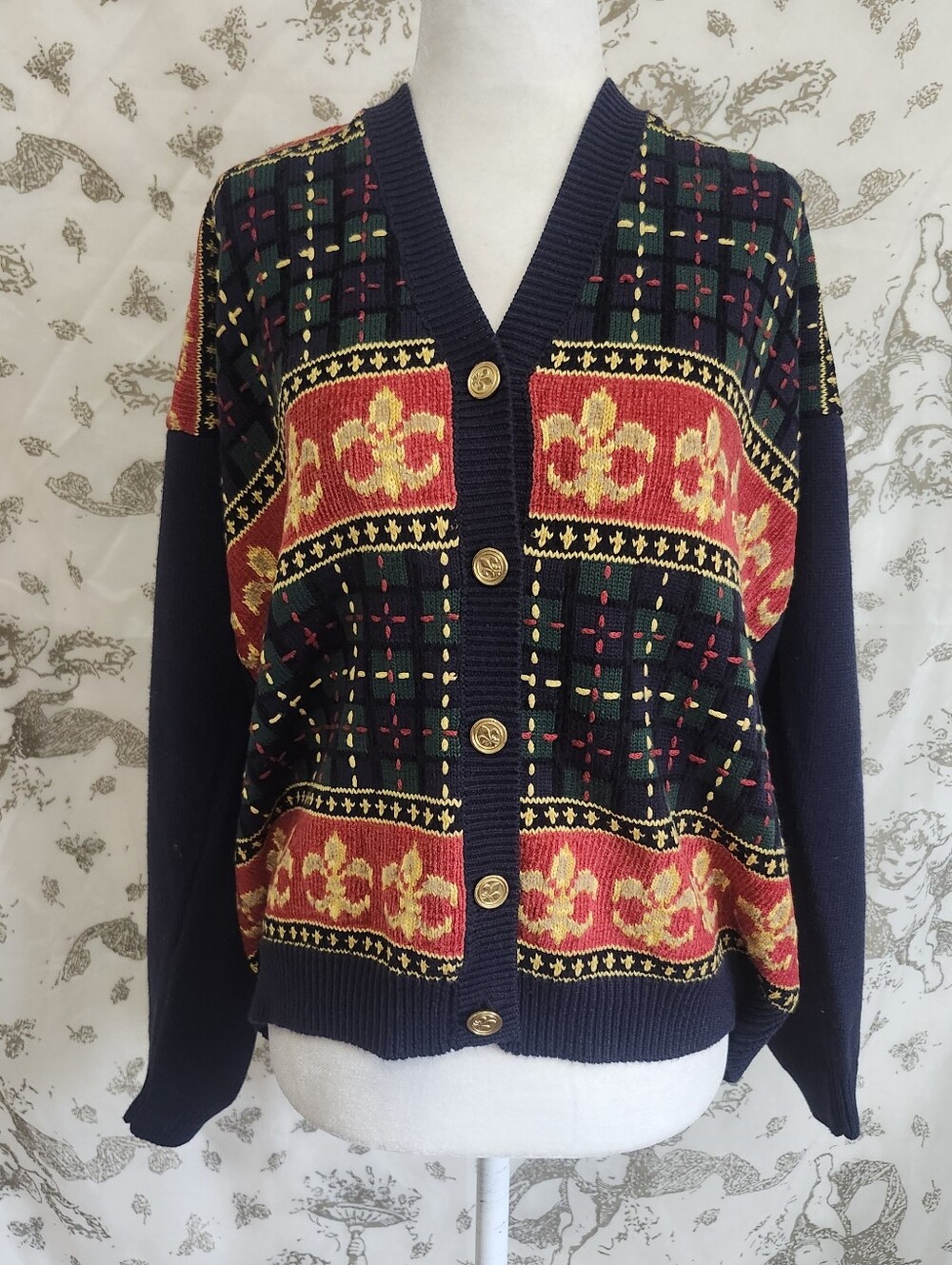 VTG Marisa Christina Cardigan Med Navy Red Gold Fleur deLis Crest Plaid Academia